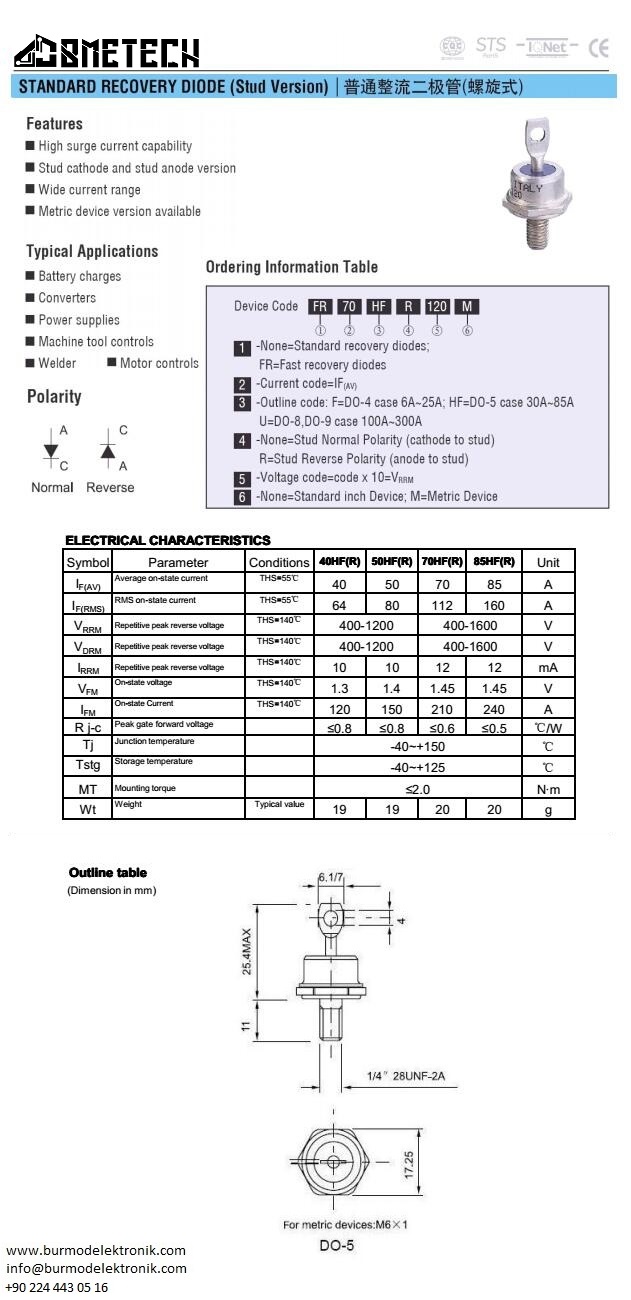 70HFR120   70 AMPER 1200 VOLT VİDALI DİYOT ANOT