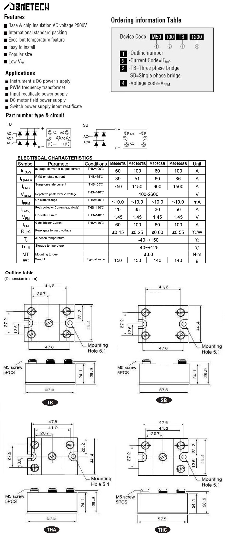 M50100TB1600   100 AMPER 1600 VOLT  3 FAZ KÖPRÜ DİYOT