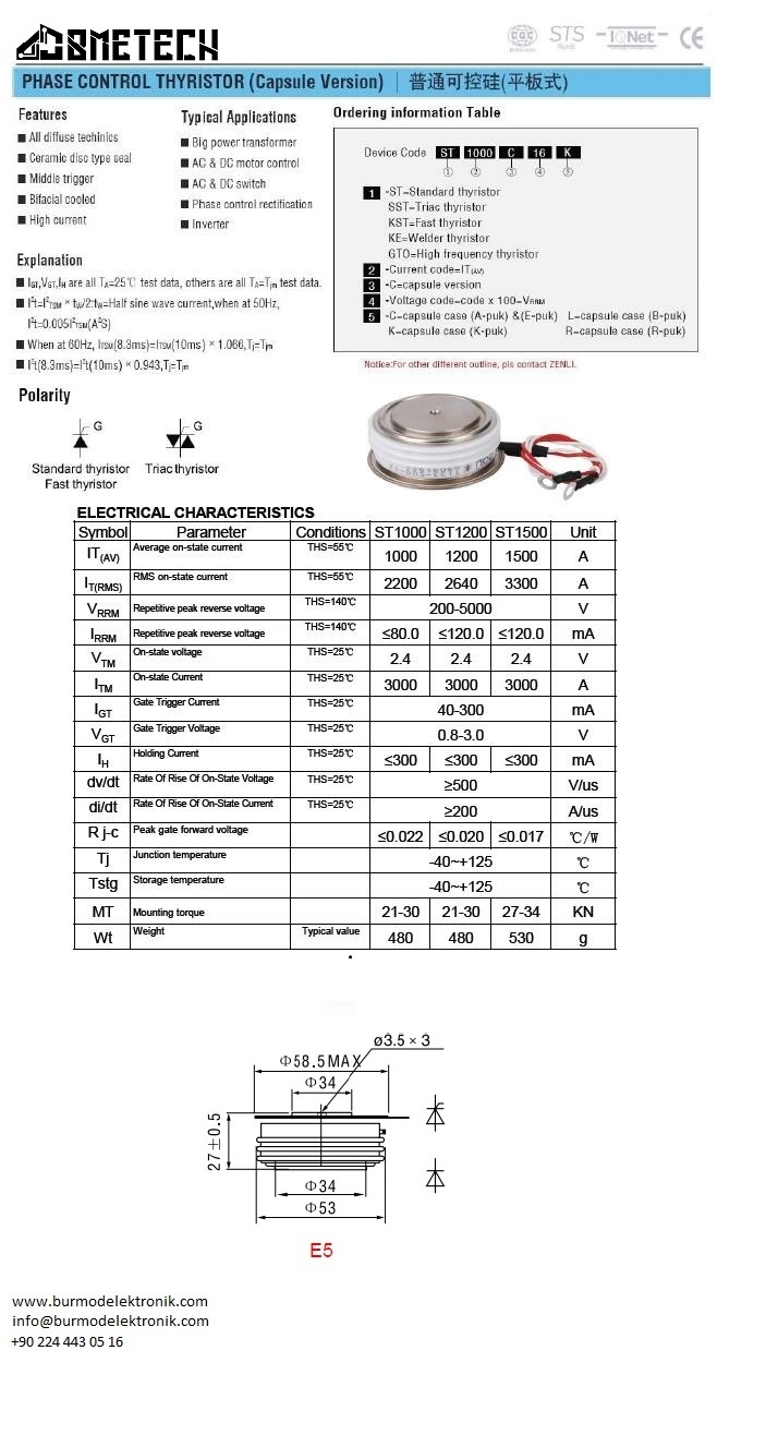 ST1000C18      1000 AMPER 1800V DİSK TİPİ KAPSÜL TRİSTÖR