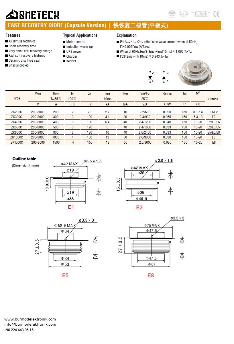 ZK800C20E5  800 AMPER 2000 VOLT DİSK TİPİ HIZLI DİYOT