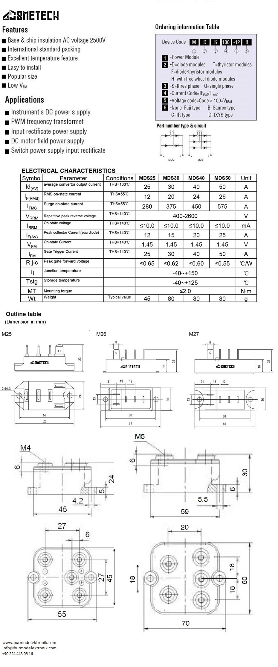 MDS30-16    30 AMPER 1600 VOLT 3 FAZ KÖPRÜ DİYOT